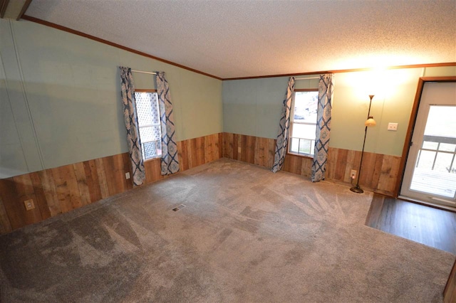 carpeted empty room featuring wood walls, lofted ceiling, a textured ceiling, and ornamental molding