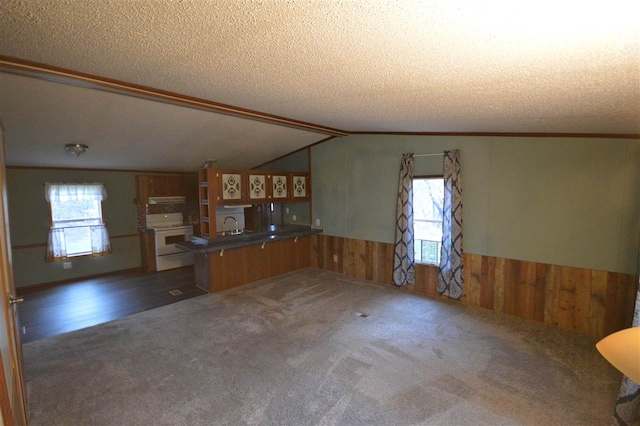 kitchen with kitchen peninsula, a textured ceiling, vaulted ceiling, extractor fan, and white electric stove