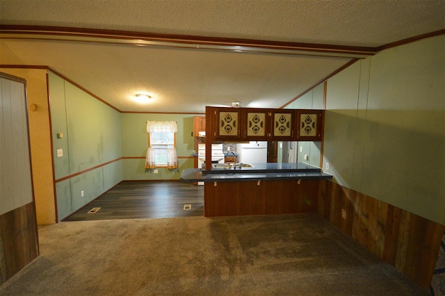 kitchen featuring kitchen peninsula, crown molding, carpet floors, and a textured ceiling