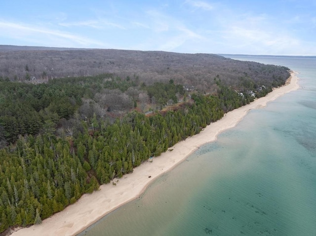 aerial view featuring a water view and a beach view