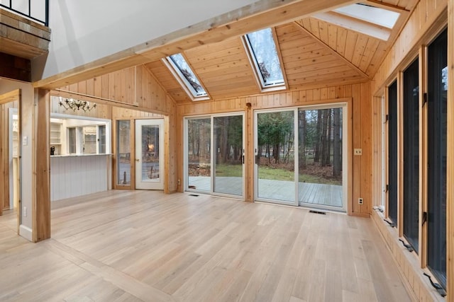 unfurnished sunroom with a chandelier, lofted ceiling with skylight, and wood ceiling