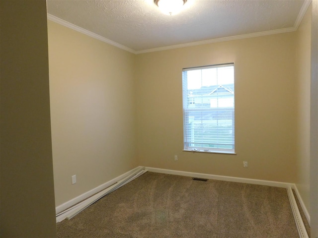 spare room with crown molding, carpet floors, and a textured ceiling