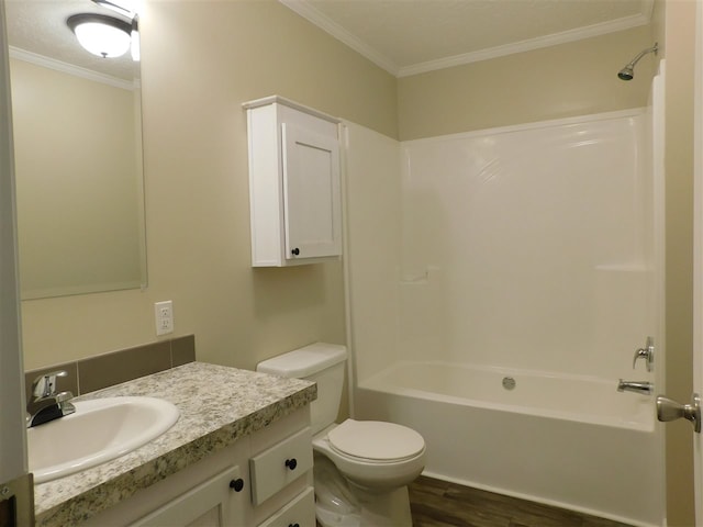 full bathroom with hardwood / wood-style floors, vanity, toilet, and crown molding