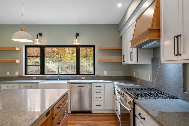 kitchen with a wealth of natural light, white cabinetry, stainless steel appliances, and premium range hood