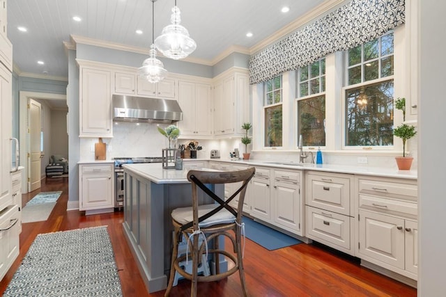 kitchen with a center island, sink, high end range, dark hardwood / wood-style flooring, and white cabinets