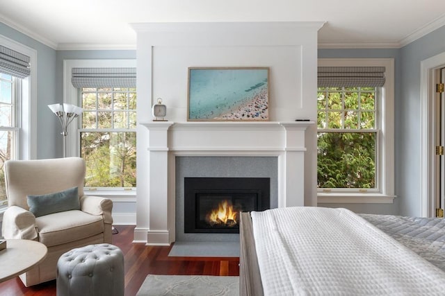 bedroom featuring crown molding and dark hardwood / wood-style flooring