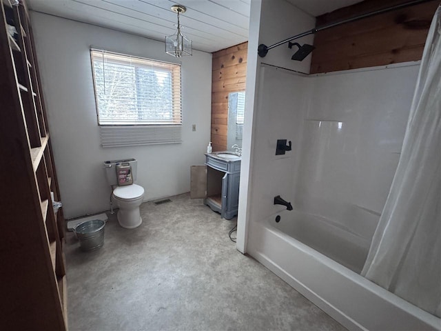 full bathroom featuring vanity, wooden walls, toilet, wood ceiling, and shower / tub combo