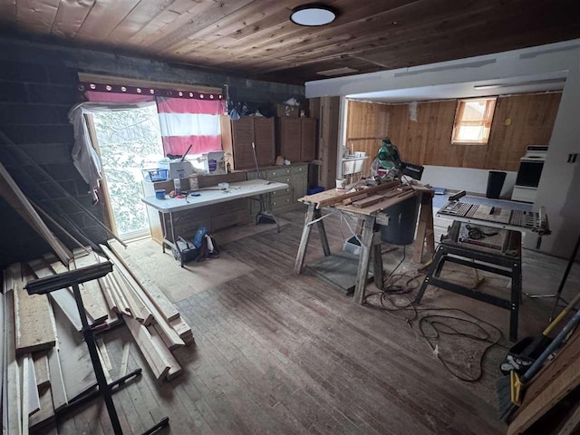 interior space featuring wood ceiling, a workshop area, wooden walls, and wood-type flooring