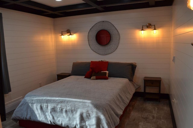 bedroom featuring dark wood-type flooring and coffered ceiling