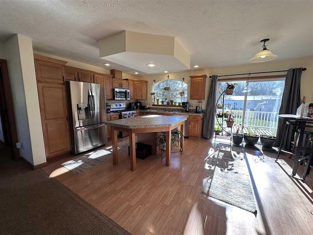 kitchen with a textured ceiling, light hardwood / wood-style floors, and stainless steel appliances