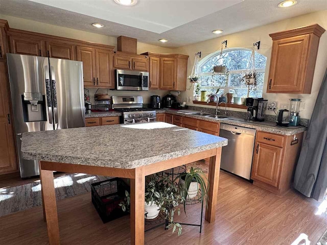 kitchen featuring light hardwood / wood-style flooring, a kitchen island, stainless steel appliances, and sink