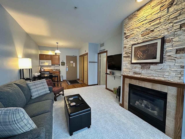 living room with sink, wood-type flooring, and a fireplace