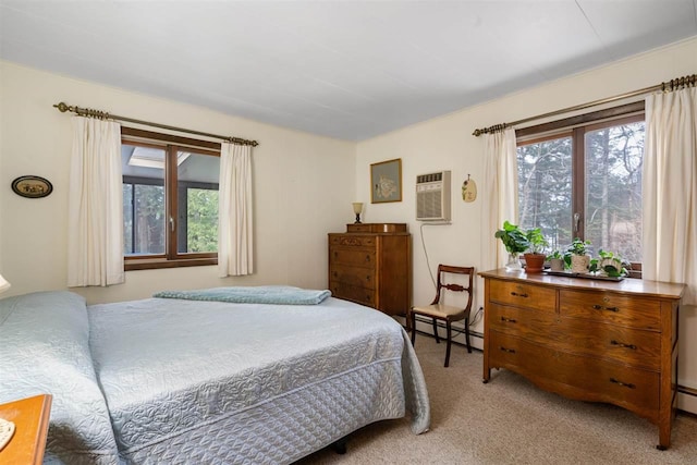 carpeted bedroom with an AC wall unit and a baseboard heating unit