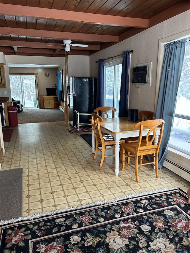 dining room with beam ceiling, ceiling fan, wooden ceiling, an AC wall unit, and light tile patterned floors