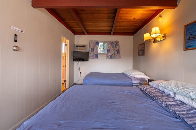 bedroom featuring beamed ceiling, a wall mounted air conditioner, wood ceiling, and wooden walls