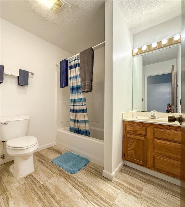 full bathroom featuring shower / bathtub combination with curtain, a textured ceiling, toilet, vanity, and hardwood / wood-style flooring