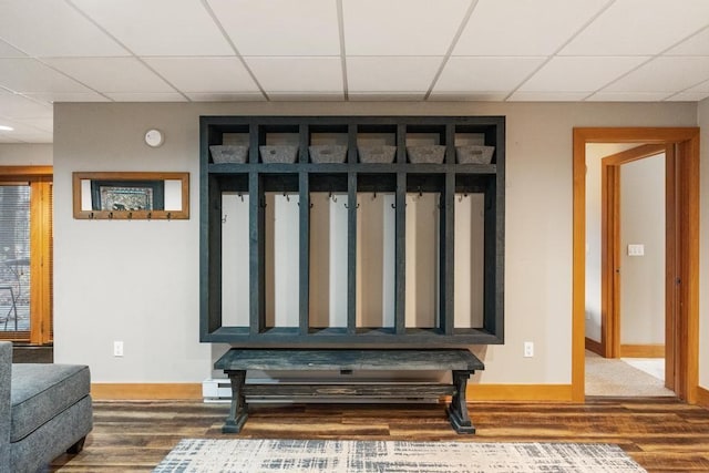 mudroom featuring dark hardwood / wood-style flooring and a drop ceiling