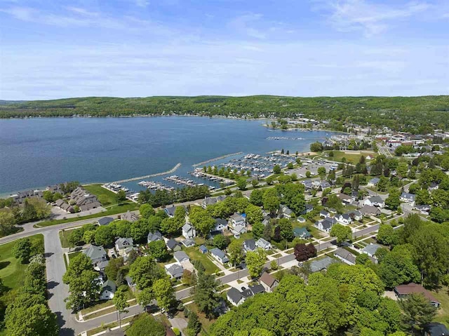 aerial view featuring a water view