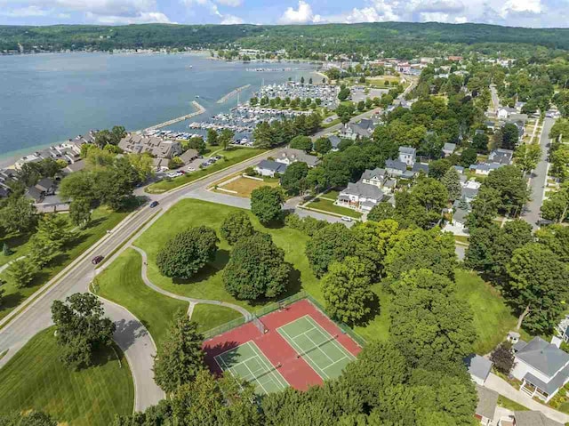 drone / aerial view with a water view