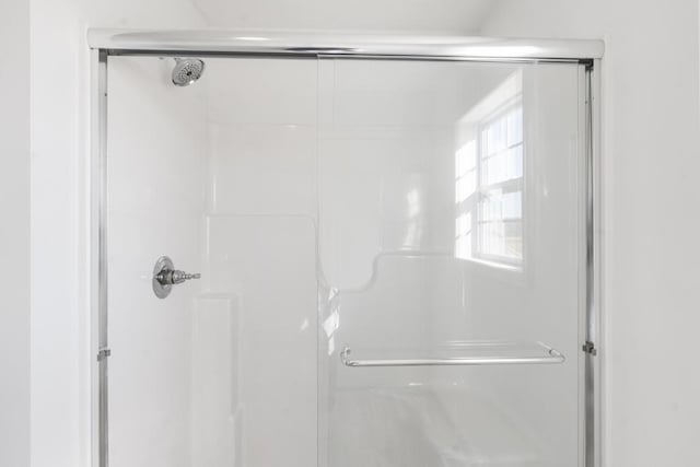 bathroom with a shower with door