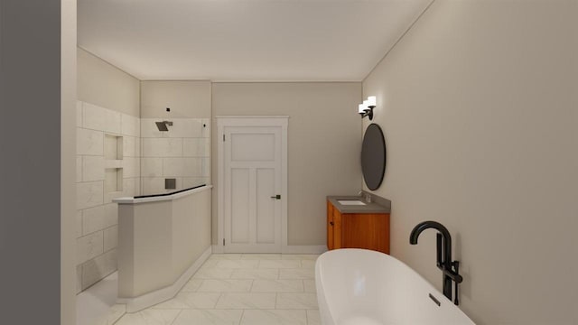 bathroom featuring tile patterned flooring, vanity, and separate shower and tub