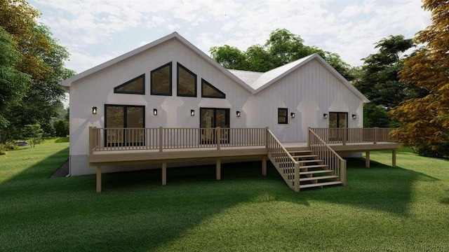 rear view of house with a yard and a wooden deck