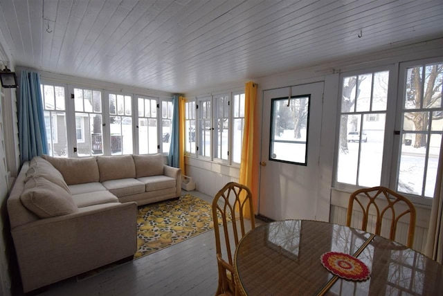 sunroom featuring a wealth of natural light and wood ceiling