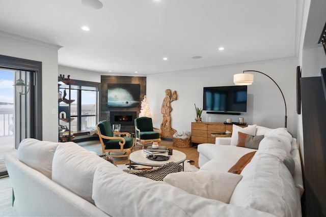 living room featuring a large fireplace, wood-type flooring, and crown molding