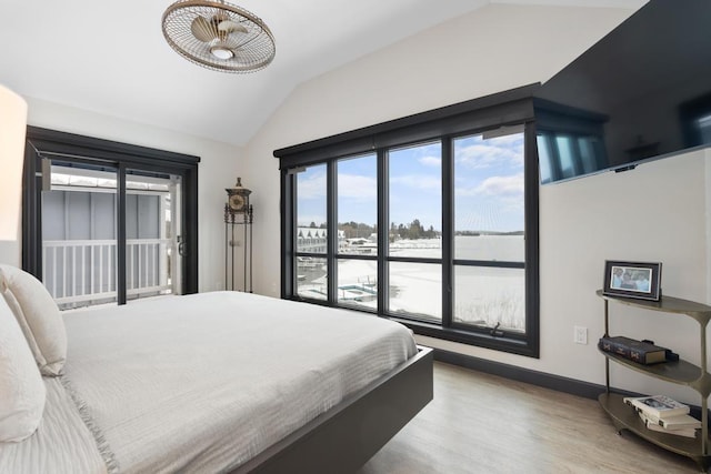 bedroom with light hardwood / wood-style flooring and lofted ceiling