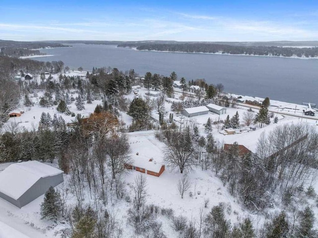 snowy aerial view with a water view