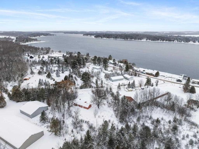 snowy aerial view with a water view