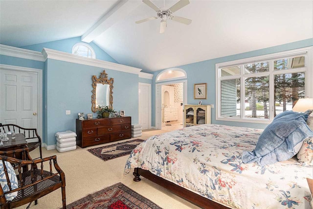 bedroom featuring ceiling fan, lofted ceiling with beams, and carpet floors