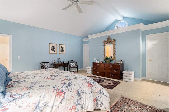 bedroom with carpet, lofted ceiling with beams, and ceiling fan