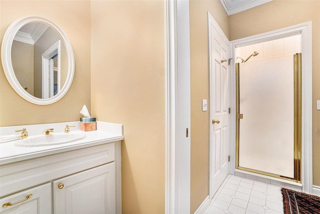 bathroom with a shower, tile patterned flooring, vanity, and ornamental molding