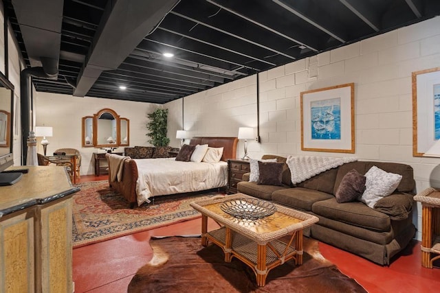 bedroom with concrete floors