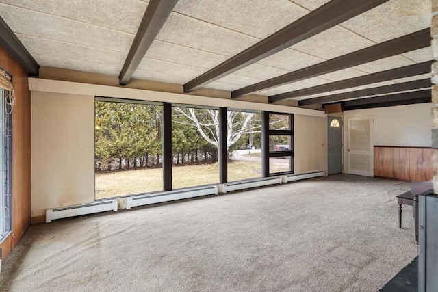 unfurnished living room with beam ceiling, wooden walls, carpet flooring, and baseboard heating