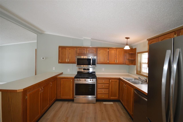 kitchen with stainless steel appliances, kitchen peninsula, light hardwood / wood-style floors, lofted ceiling, and decorative light fixtures