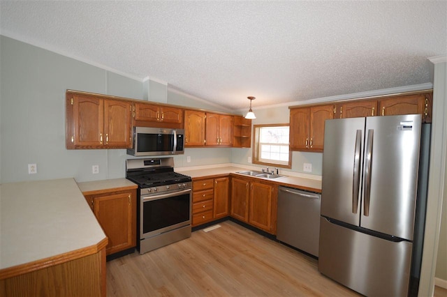 kitchen featuring lofted ceiling, sink, hanging light fixtures, light wood-type flooring, and stainless steel appliances