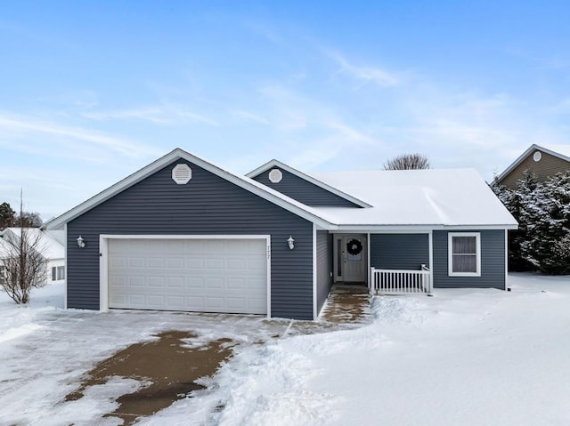 single story home featuring a porch and a garage