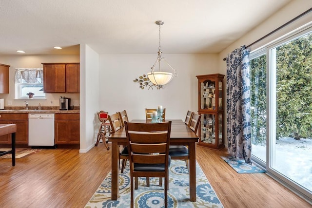 dining space featuring sink and light hardwood / wood-style floors