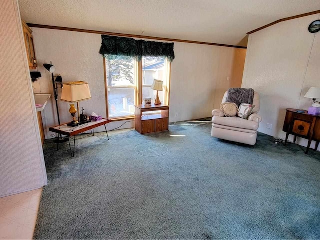 sitting room featuring crown molding, carpet floors, and a textured ceiling