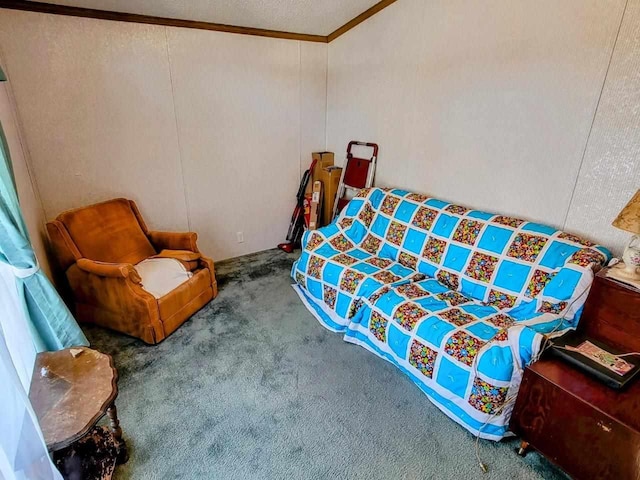 carpeted bedroom featuring crown molding