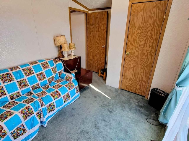 bedroom with carpet floors and vaulted ceiling