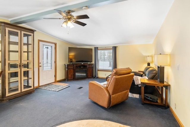 carpeted living room featuring ceiling fan and lofted ceiling with beams