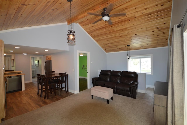 carpeted living room featuring vaulted ceiling, ceiling fan, and wooden ceiling