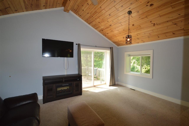 living room featuring carpet, wood ceiling, and lofted ceiling