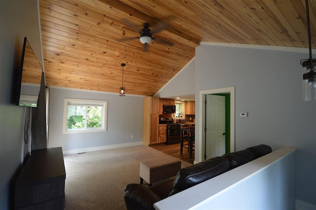 carpeted living room with high vaulted ceiling, ceiling fan, and wood ceiling