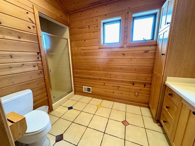 bathroom with a shower with door, wood ceiling, and wooden walls