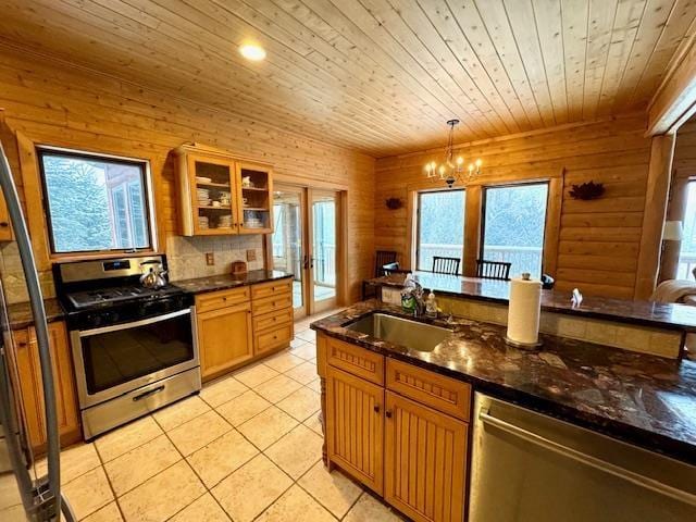 kitchen with wooden ceiling, sink, dark stone countertops, pendant lighting, and stainless steel appliances