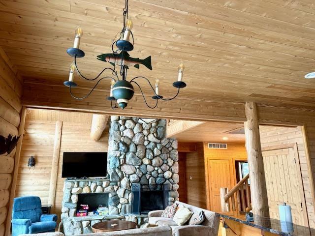 living room featuring wood ceiling, a stone fireplace, and wooden walls